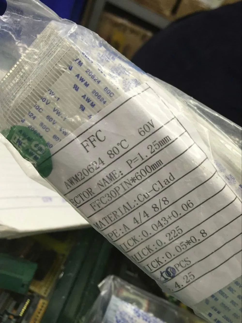 Cable plano flexible FFC, 1,25mm, 600mm, 30 Pines, AWM 20624, 80C, 60V