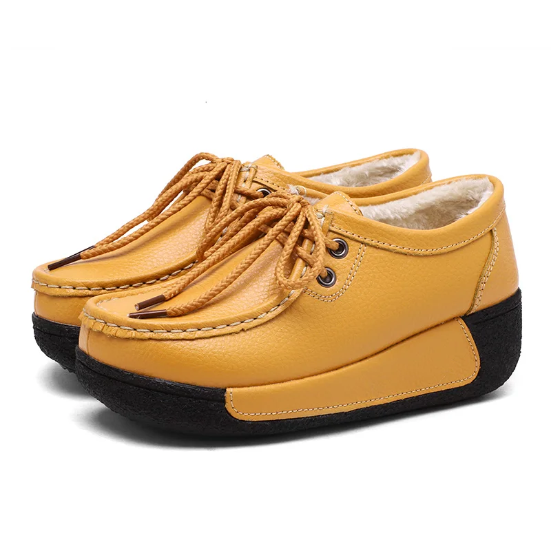 MANLI Women Shoes Sneaker Ballet Genuine Leather Flat Platform Walking Shoes Slip On Female Women's Loafers mocasines mujer - Цвет: yellow plus velvet