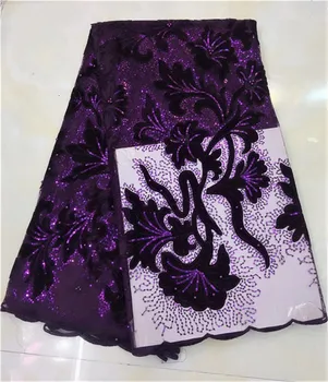 

Hot Sequins velvet French net lace,high quality Nigerian African tulle mesh lace fabric for party dress 5yards/lot PURPLE(JY193