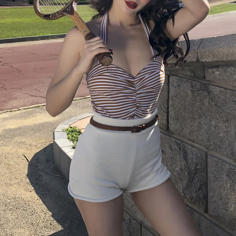 

Woman Clothes 2019 Spaghetti Strap Top Shown with A Striped Sling Sexy Top Cotton Short Striped Streetwear Street Style Shirt