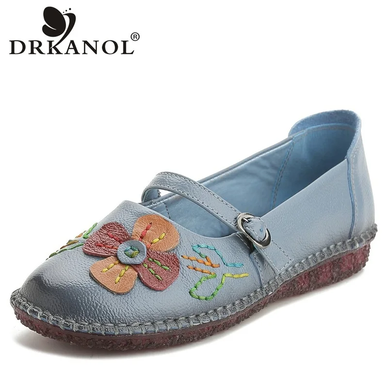 

DRKANOL National Style Handmade Genuine Leather Flat Shoes Woman Loafers Vintage Round Toe Ballet Flats Women Moccasins Size 41