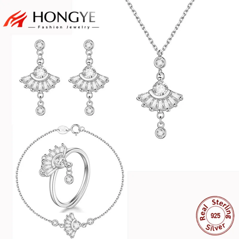 

Charms Bracelet Geometry Sector Jewelry Set Full CZ Bracelets For Women Silver 925 Drop Earring/Necklace/Ring/Bracelet Sets