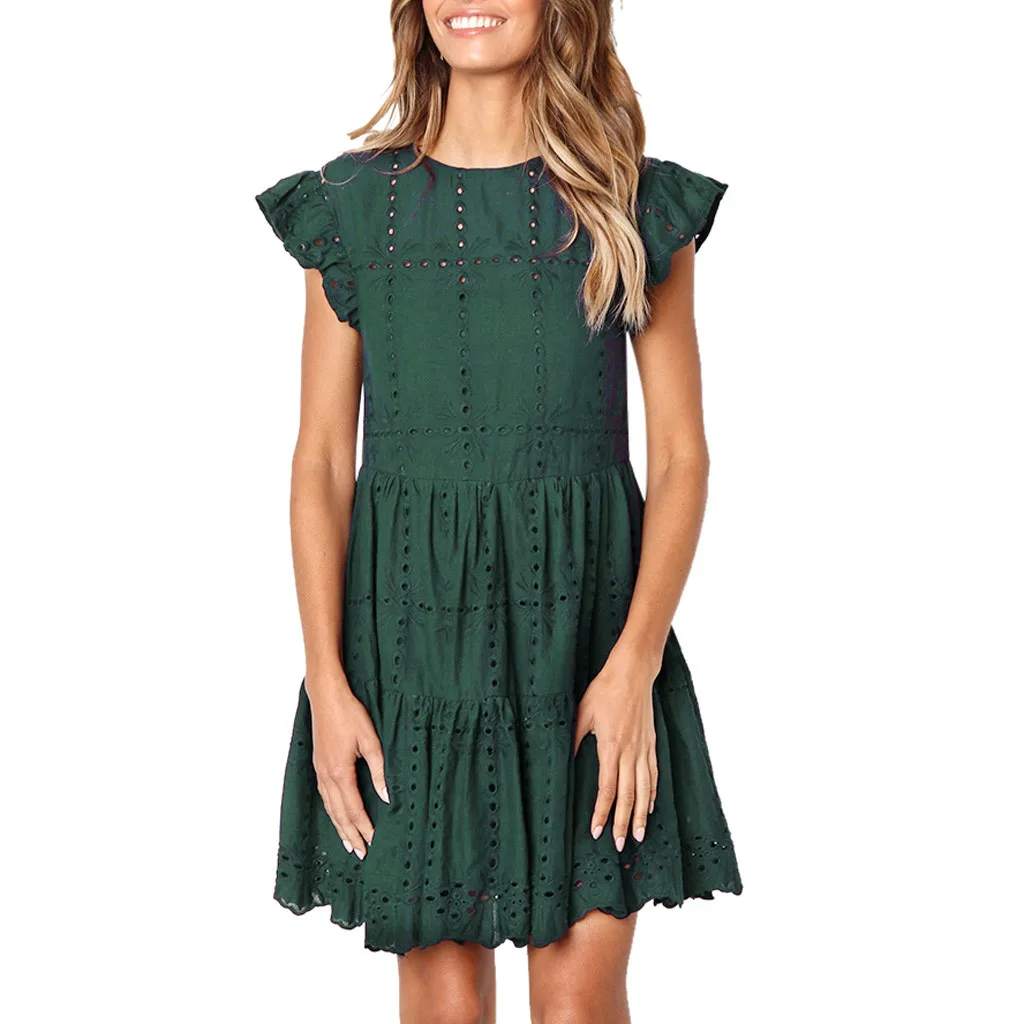 Мини-платье трапециевидной формы с вырезами и рюшами, женское пляжное платье с рукавами и оборками, женские Базовые платья с круглым вырезом, летние платья sukienka de verano# G6 - Цвет: Green