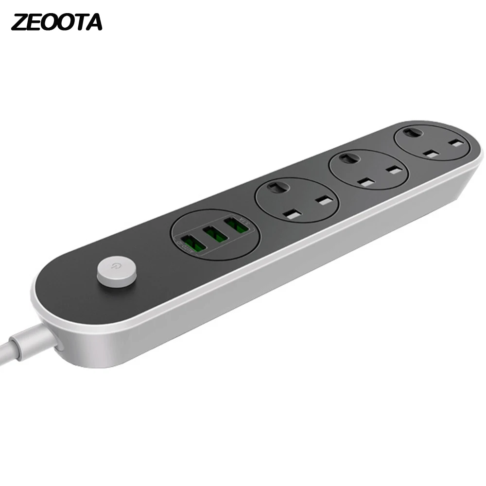 Smart Extension Lead Power Strips Outlets 3 USB Ports Multi Plug Sockets Black