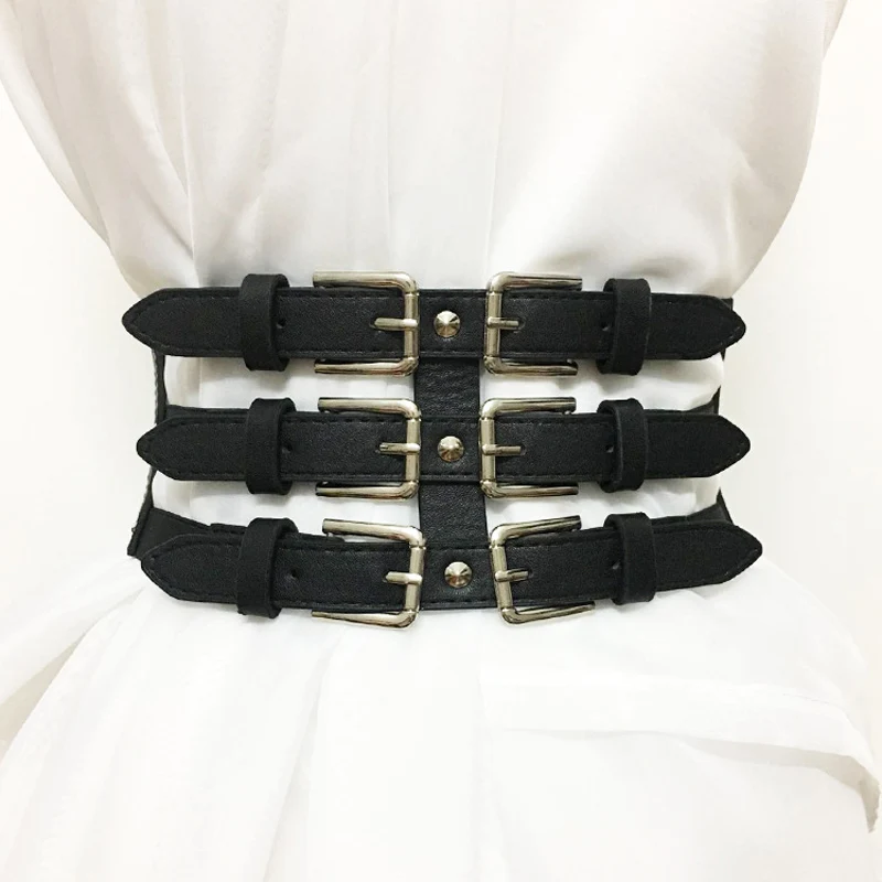 

Hot Fashion Metal Pin Buckled Wide Waist Belt Women adjustable three rows Elastic belt for Women Accessory