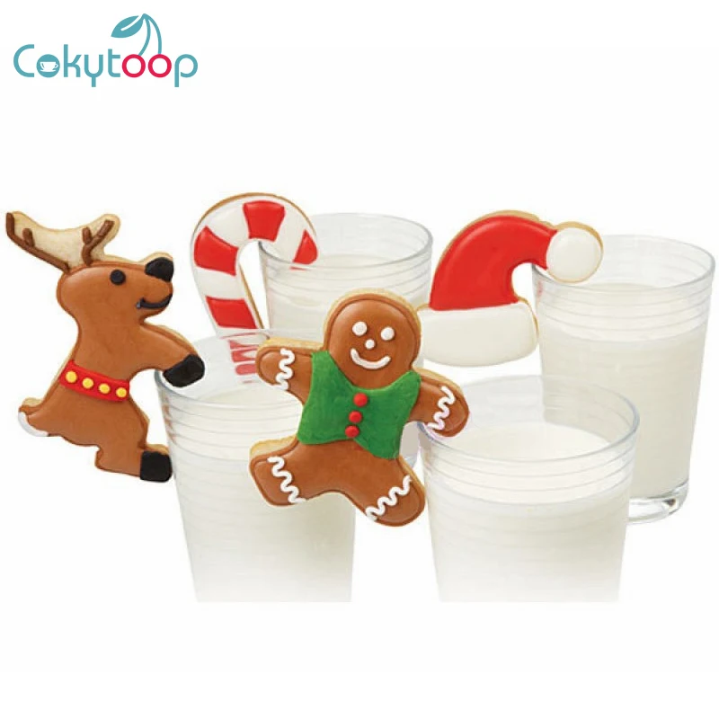 

Cokytoop Hang Cup Cookie Cutter Stainless Steel Reindeer Gingerbread Man Hat Biscuit Moulds Baking Kitchen Tool for Christmas