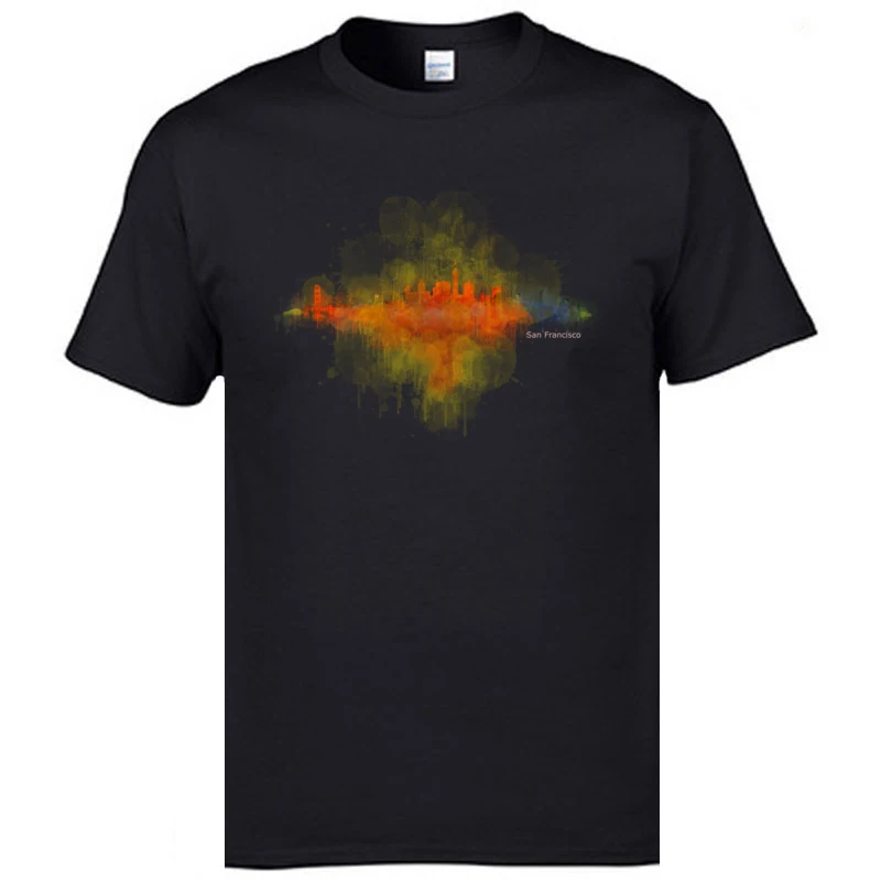 Tops Shirt Party ostern Day Brand New Casual Short Sleeve 100% Cotton O-Neck Men T Shirts Casual Tops Shirt Free Shipping San Francisco Dark Skyline watercolor v4 black
