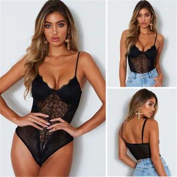 

2019 Sexy Women Ladies Front Plunge Lace up Slim Sleeveless Backless Bodysuit Female Body Leotard Sleeveless Crop Top Summer