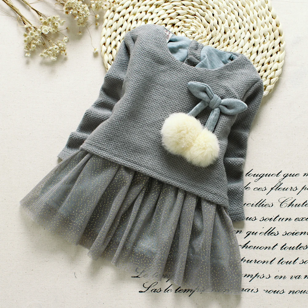 

2017 New Fuzzy Sequins Newborn Girl Dress Baby Girls Long Sleeve Knitted Bow Infants Tutu Princess Dress