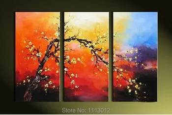 

Hand Painted Home Wall Decoration 3 Panel Red Tree Oil Painting On Canvas Modern Landscape Abstract Picture For Living Room Sale