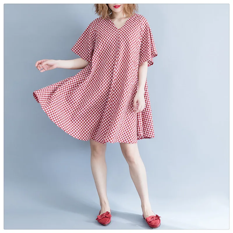 

Johnature Casual Sweet Plaid Women Dresses New Summer V-neck Short Sleeve Loose Patchwork Korean Mini A-line Dresses 2019