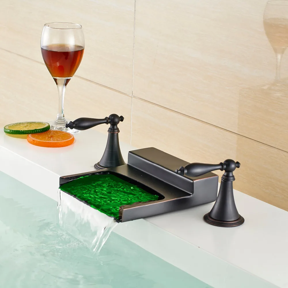 

ORB Finish LED Light Waterfall Basin Mixer Tap 3 Holes Widespread Tub Faucet