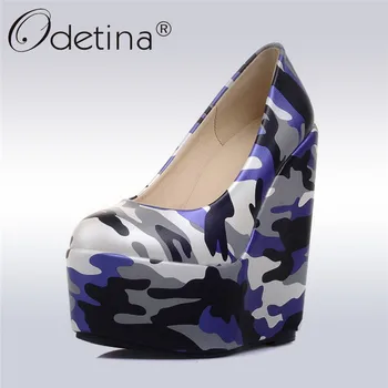 

Odetina 2019 New Fashion Platform Wedges Extreme High Heels Round Toe Camouflage Pumps Slip On Female Autumn Shoes Plus Size 43