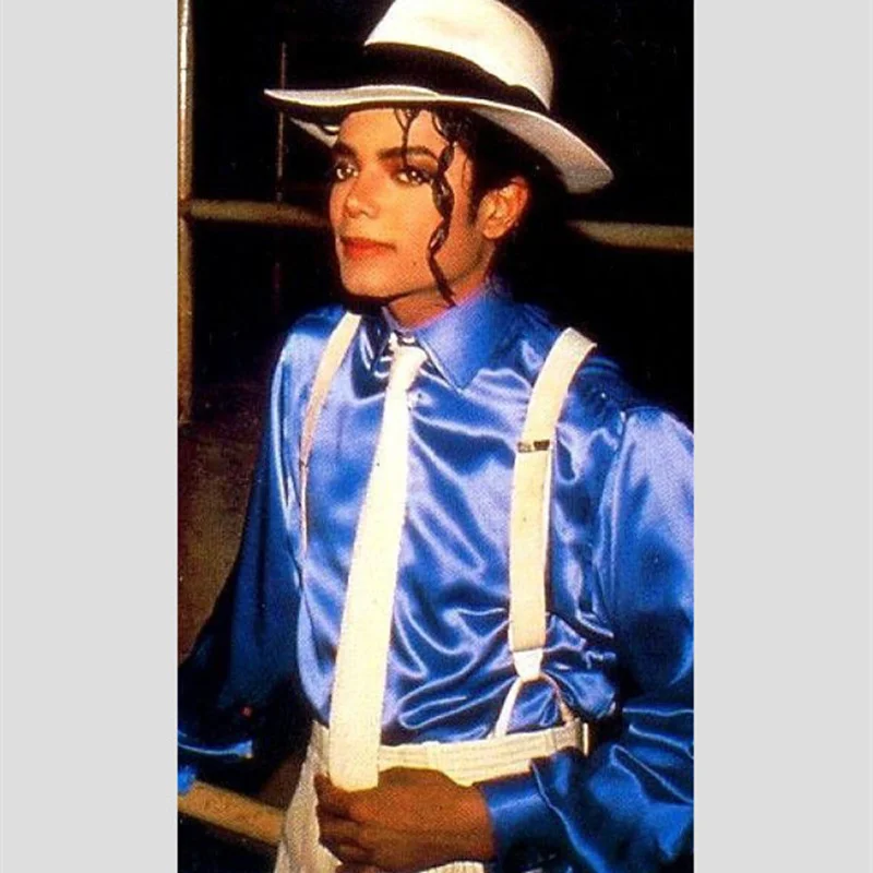 Mens dress shirt retro MJ Michael Jackson smooth criminal blue shine shirt tie thread gluing performance Halloween show clothing no button