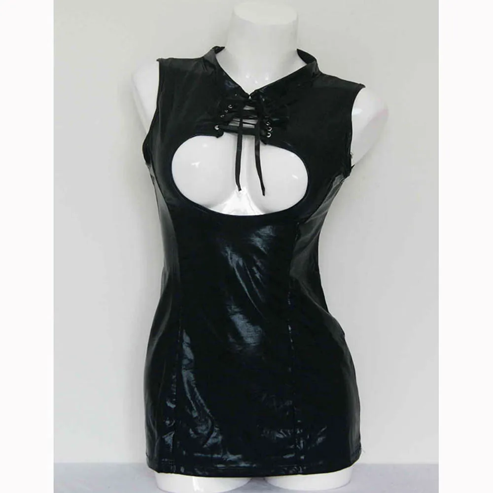 Black Faux Leather Lace Up Neck Wrapped Club Mini Dress Short Hollow Out Robe Women Wetlook Night Catsuit Dresses Clubwear Sexy (3)