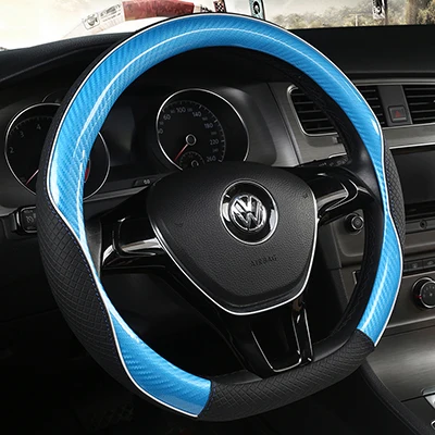Carbon Fibre+Leather Car Steering Wheel Cover For VW GOLF 7 2015 POLO JATTA Passat Tiguan For Nissan Qashqai J11 X-trail T32 Blue D Shape