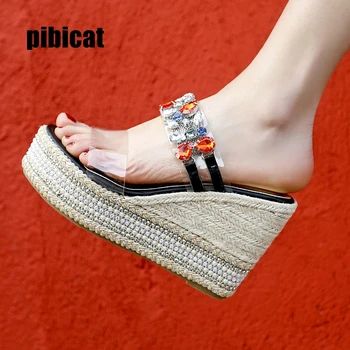 

wedges shoes for wome crystal Bohemian Sandals Platform for Female Shoes flock High Heels Cover Heel Sandal Colored stoneSlipper