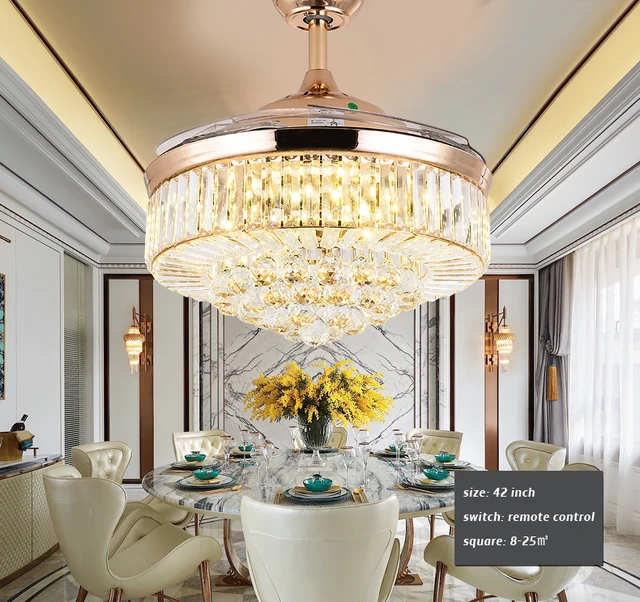 42 Inch Invisiable Crystal Ceiling Fan Light Modern Luxury Dining