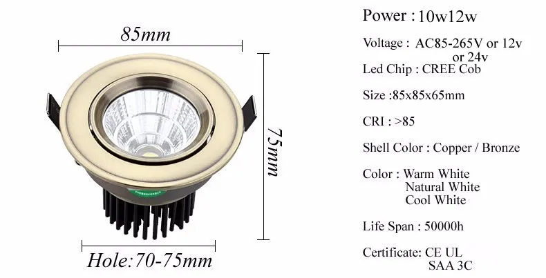 Cob-светодиоды с регулируемой яркостью светильники 10 Вт 12 Вт медный светодиодный светильник пятна свет лампы AC85-265V или 12 В или 24 В утопленная светодиодная направленная вниз свет+ Драйвер