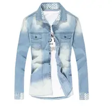 Мужские хлопковые повседневные джинсовые рубашки с длинным рукавом светло-голубые ковбойские рубашки новые весенние повседневные рубашки для отдыха