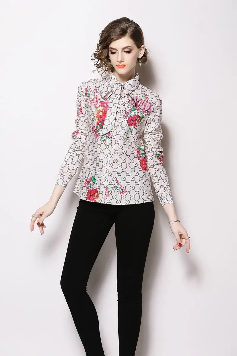 Elegant Office Lady Turn Down Collar Tied Neck Floral Geometric Printing Blouse Spring Women Button Loose Tops And Blouses