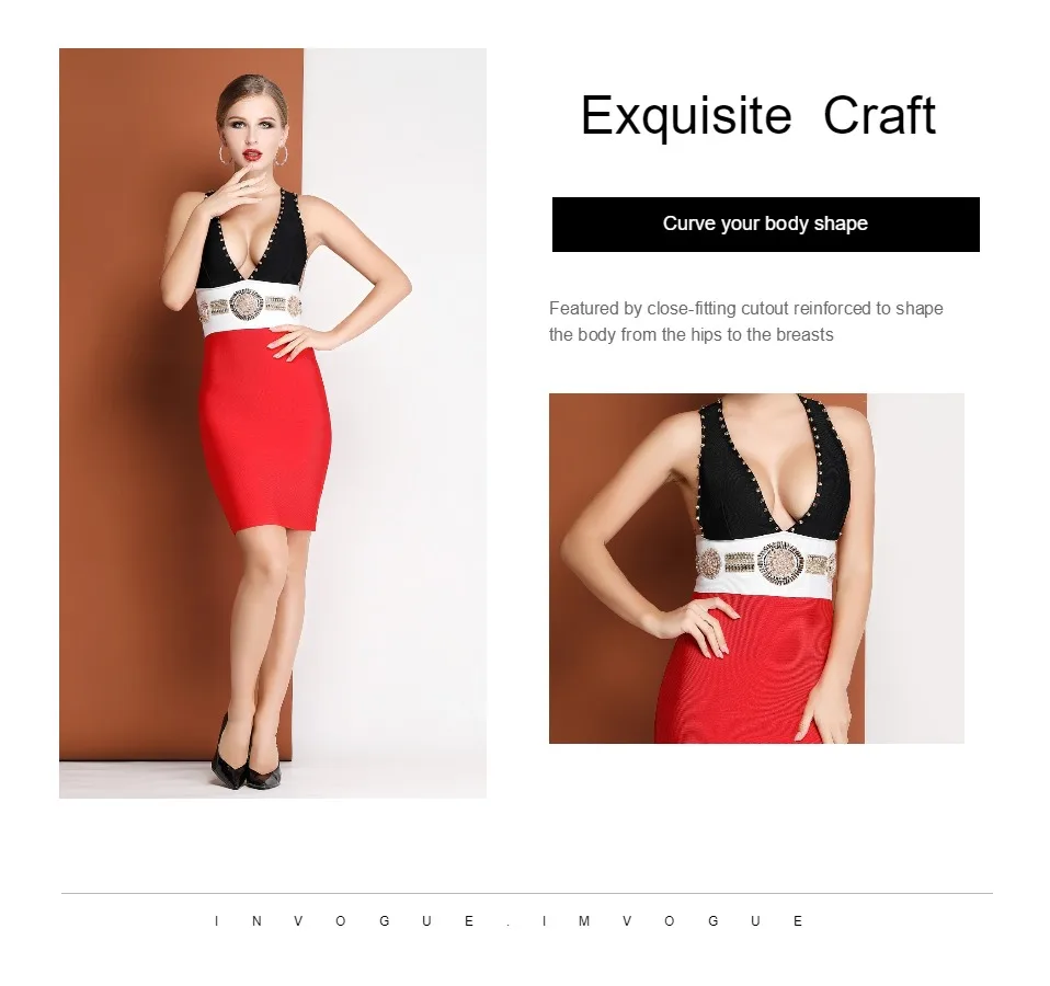 INVOGUE. IMVOGUE элегантный бриллианты дизайн Sexy V образным вырезом цвет блока рукавов знаменитости Бандажное платье
