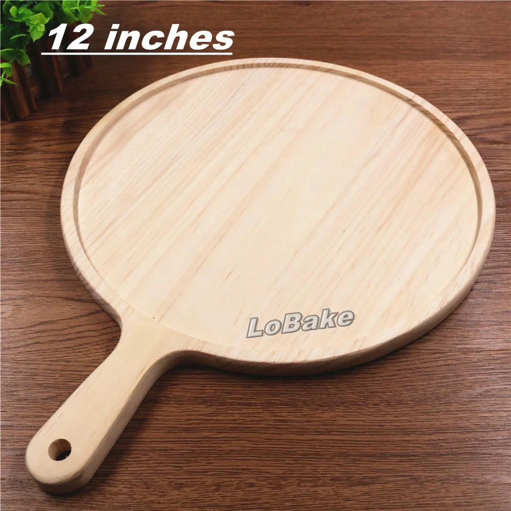 Latest 12 inches 1.7cm height wooden round pizza pan with handle and hanger pizza stones pie