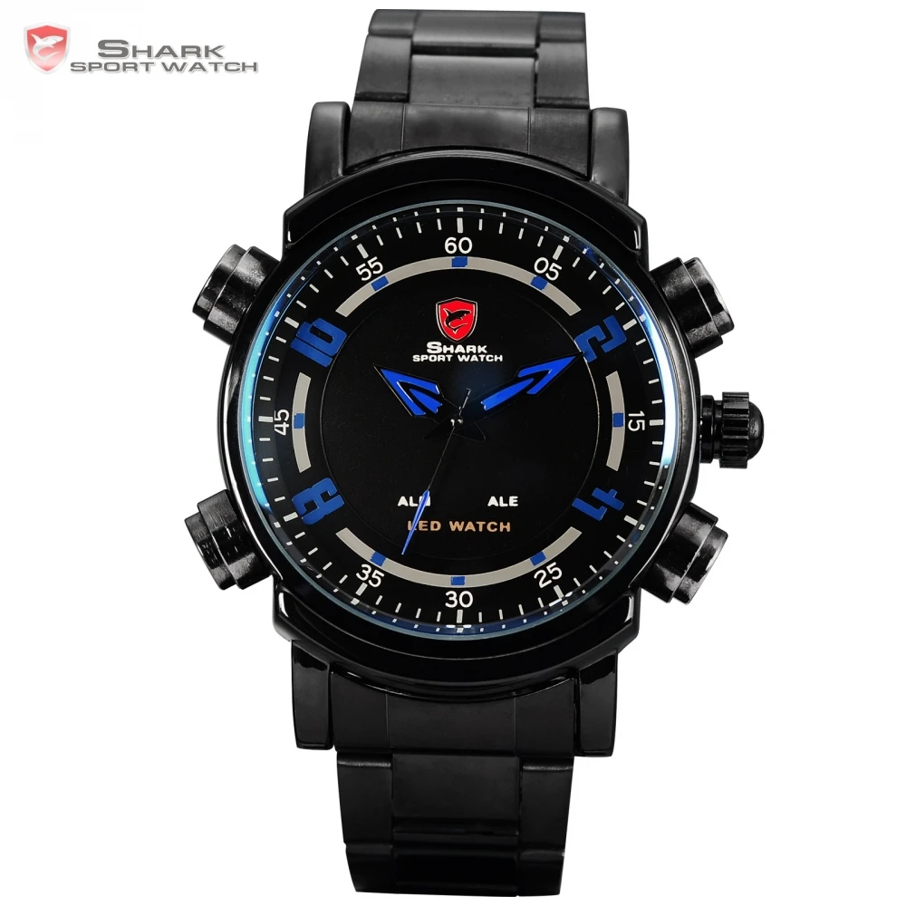 Basking SHARK Sport Watch Blue Dual Time Display Date Alarm Black