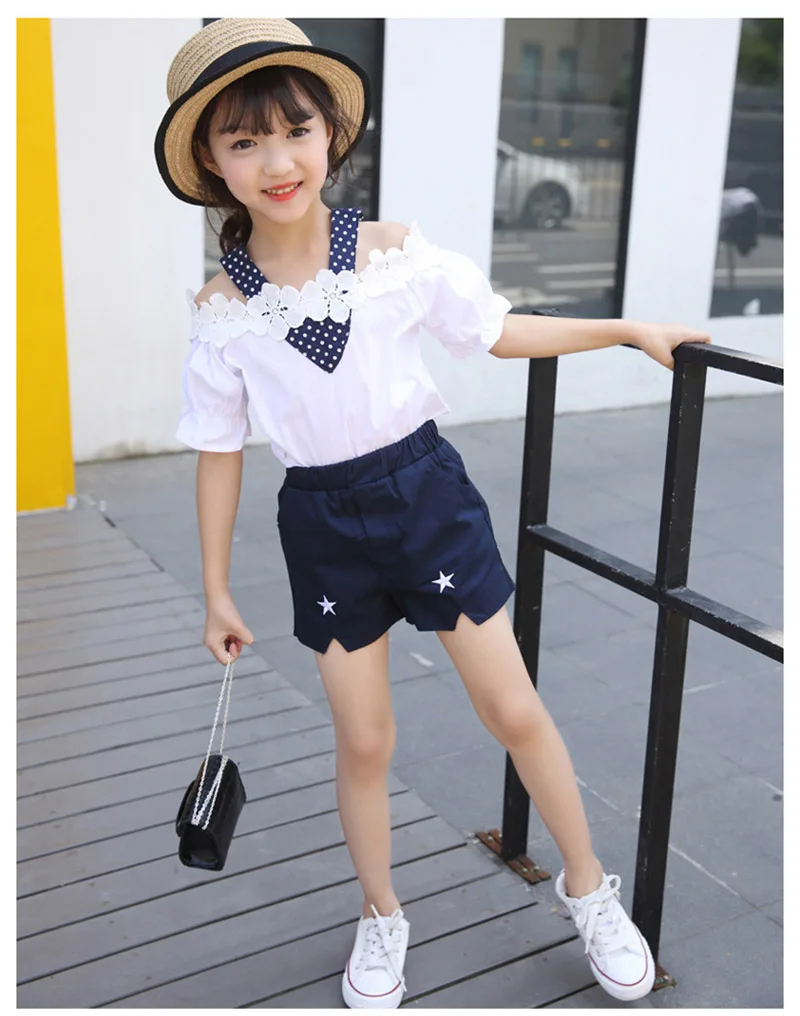 summer girls clothing sets children off-the-shoulder lace shorts pant two-piece girls clothing suit (11)