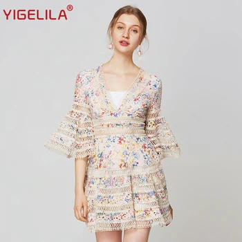 

YIGELILA Spring Women Sexy Hollow Out Dress Fashion V-neck Flare Sleeve Empire Slim Knee Length A-line Party Dress 63582