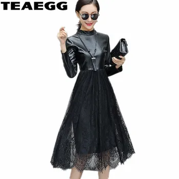

TEAEGG Black Spring Women Sexy Faux Leather PU Dress Plus Size 3XL A Line Long Sleeve Lace Ladies Dresses 2020 Vestidos AL717