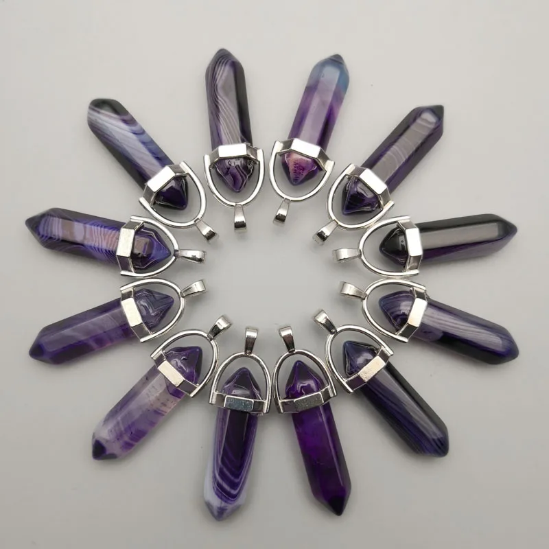 Модный синий сплав натуральный камень кристалл столб ожерелье подвеска для изготовления ювелирных изделий Шарм для женщин diy 12 шт./лот - Окраска металла: Purple
