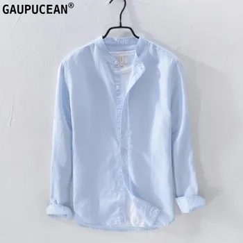 

Men Casual Shirt 70% Linen 30% Cotton Breathable Summer Anti-static Blue Flax Cool Quality Linum Solid Long Sleeve Man Shirts