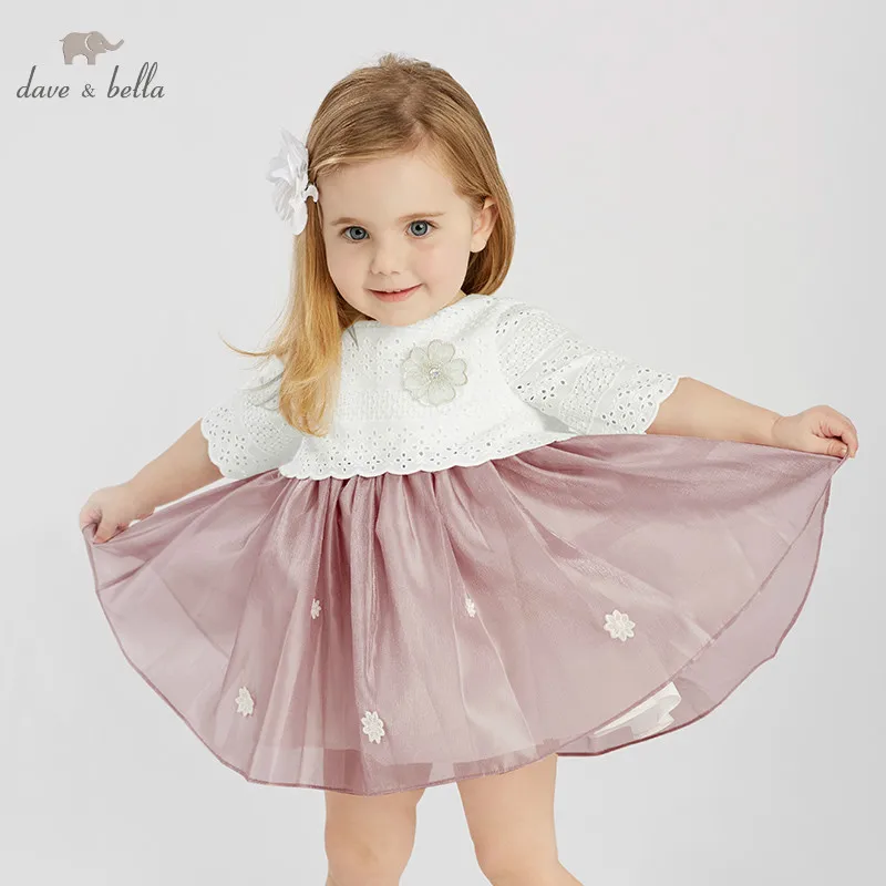 Dave bella/DBM9859 весеннее модное платье для маленьких девочек детское платье для дня рождения кружевное платье с короткими рукавами для маленьких детей