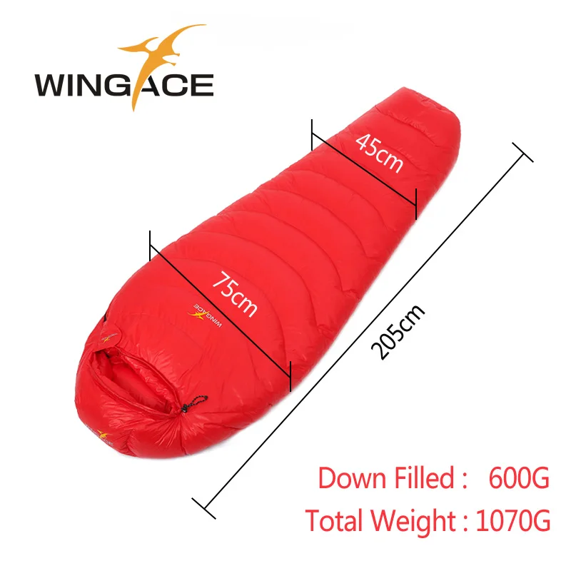 WINGACE Fill 600 г 1000 г гусиный пух спальный мешок Мумия Сверхлегкий походный uyku tulumu открытый альпинизм кемпинг спальный мешок - Цвет: Red 600G