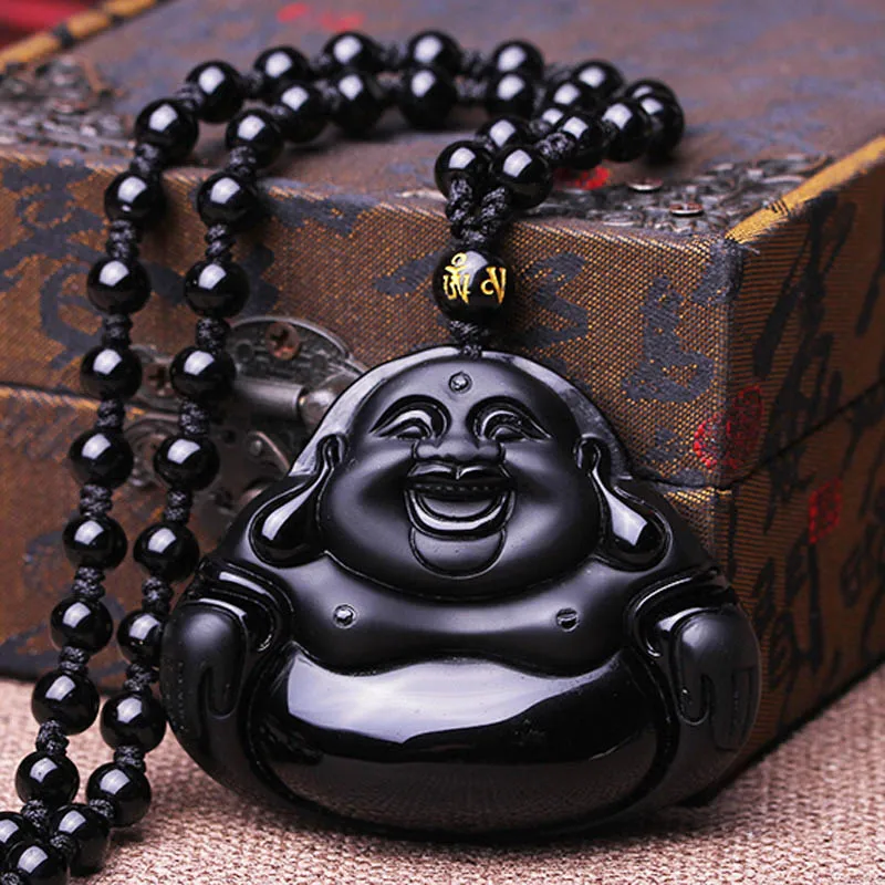 

Dropshipping Chinese Carving Natural Black A Obsidian Buddha Pendant Maitreya Necklace For Women fine Jewelry Wholesale Gift