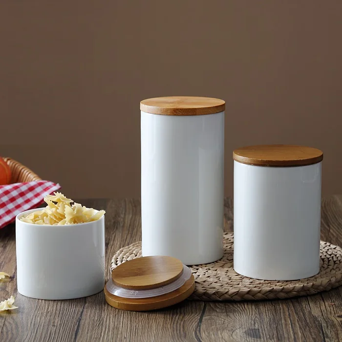 

Simple Style Ceramic Sealing Pot Storage Bottle Jar with Bamboo Cover for Kitchen Food Tea Coffee Grains and Spices