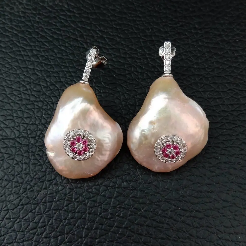 

17x22MM Pink Keshi Pearl CZ Stud White Golden Plated Earrings