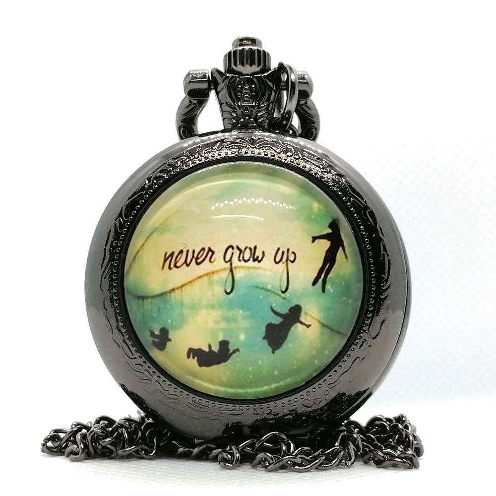 

Fashion The Peter Pan Never Grow Up Black/Silver/Bronze Quartz Pocket Watch Analog Pendant Necklace Womens Pocket Watches Gift