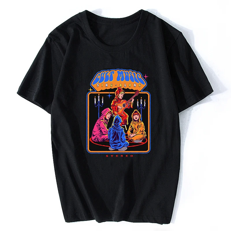 

Cult Music Sing-Along Let's Summon Demons T-Shirt Harajuku Streetwear Funny Aesthetic Cotton Printed Men Horror Black Tshirt