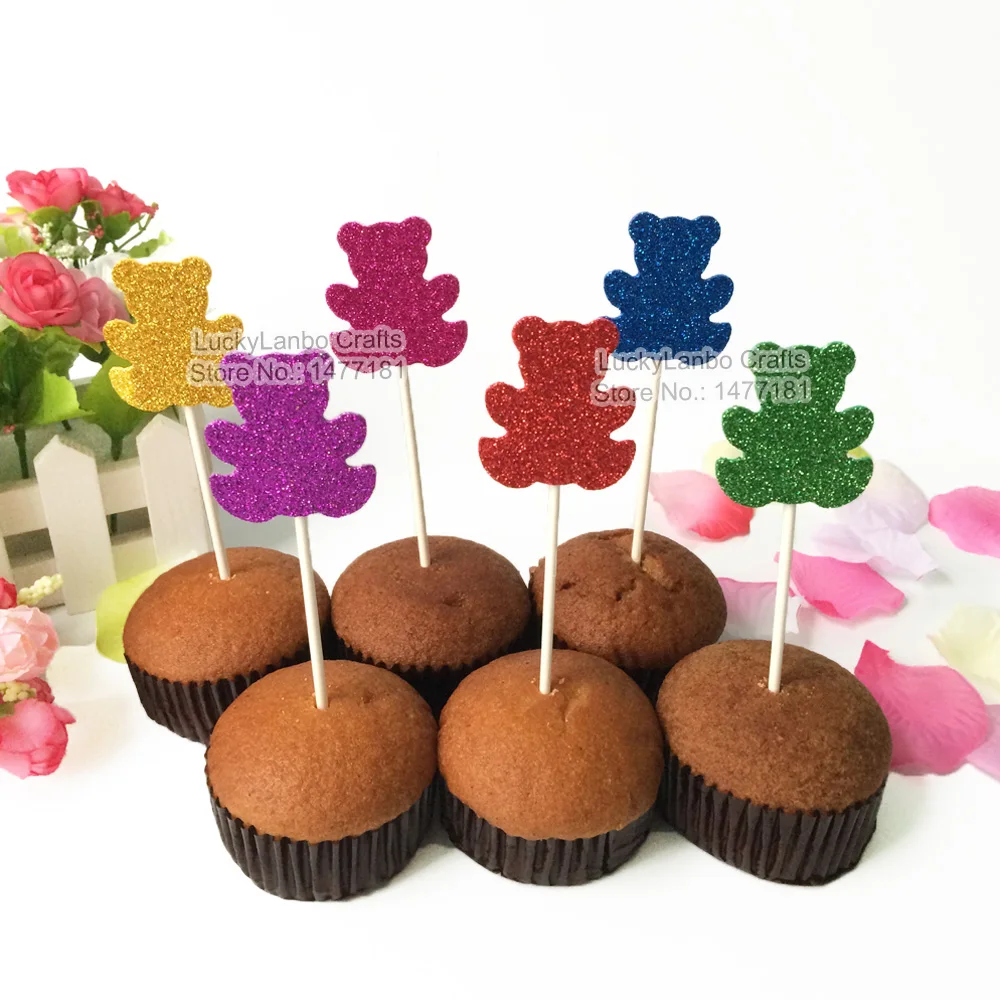 12pcs Mixed Colors Glitter Foam Adorable Little Bear Cupcake Toppers