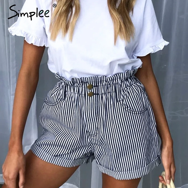 Simplee shorts à rayures décontracté femmes d’été taille haute boutons lâche pli bas shorts Streetwear cargo femme shorts 2019