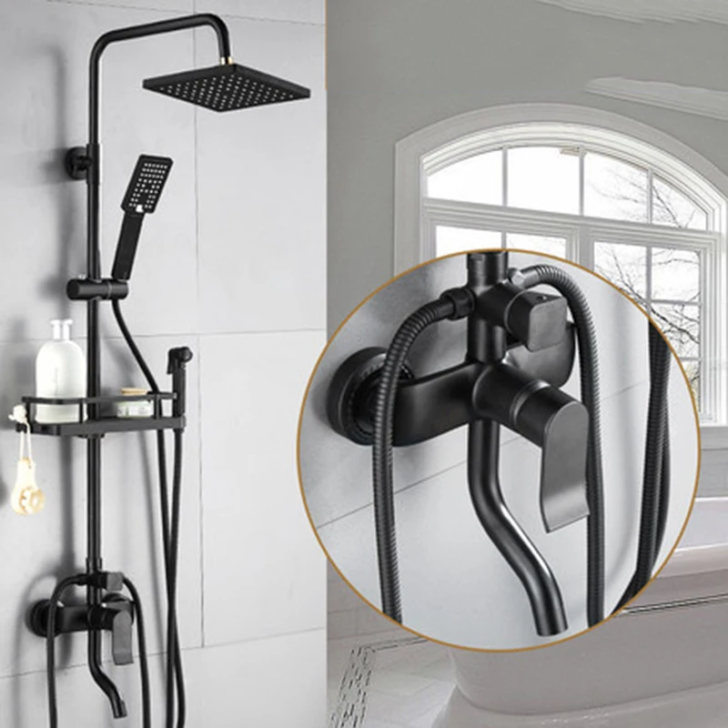 

Bathroom Stainless Shower Faucet With Square Rain Shower Hand Head Shower Set With Shelf