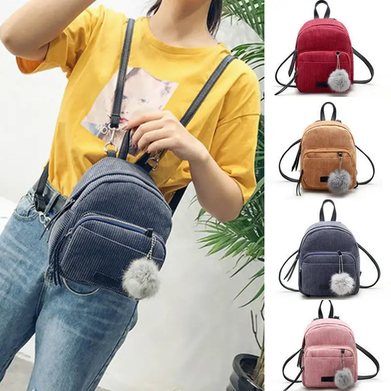 

Fashion Mini Backpack Women Girls Corduroy Travel School Bookbag Backpacks Schoolbag Rucksack with Furry Ball