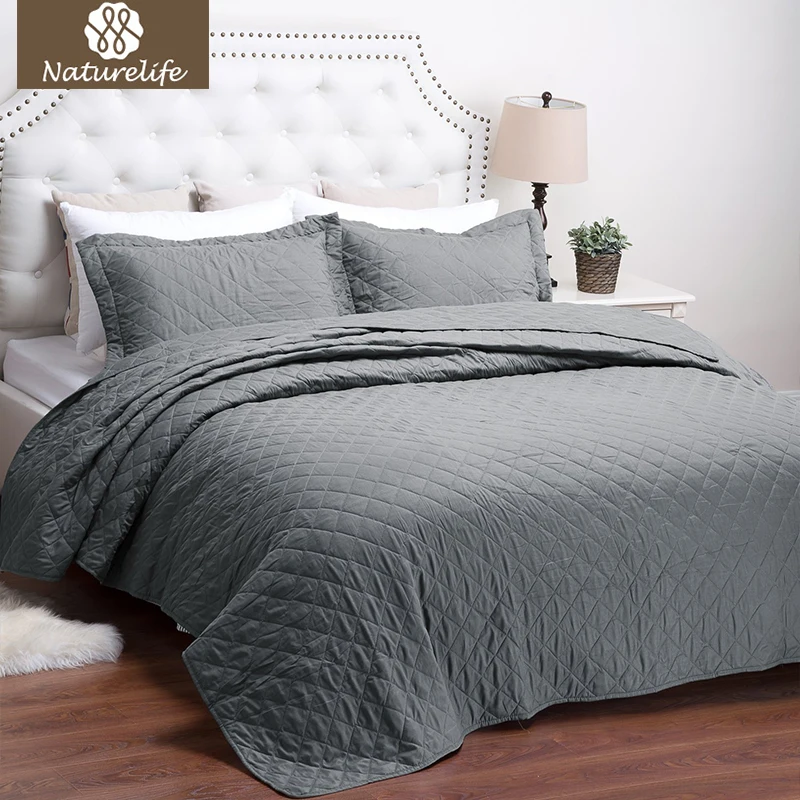 Naturelife Grey Quilt Set Diamond Pattern Bedspread Bed