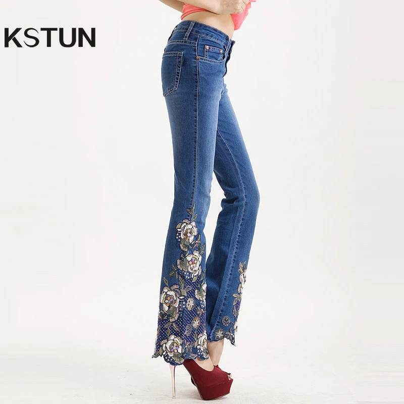 Célèbre marque de Jeans pour femmes avec broderie à la main perlé pantalons évasés Denim Stretch botte coupe luxueux élégant femme pantalon 36