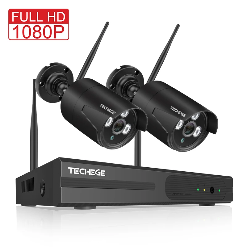 Techege 4CH wifi система видеонаблюдения Беспроводной NVR комплект 2 шт. 1080P HD IP камера 2MP наружная Водонепроницаемая домашняя система видеонаблюдения - Цвет: 1080P Black