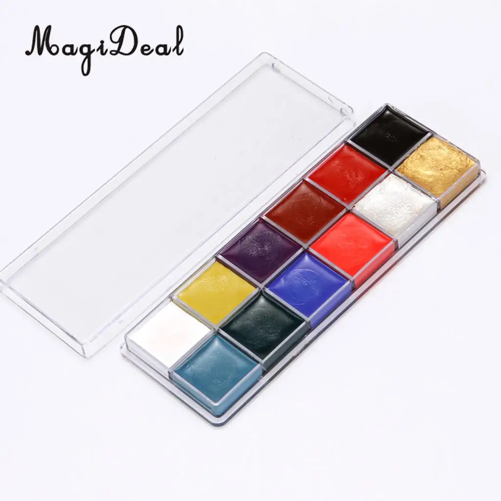 12 Color Safe Non-Toxic Oil Based Face Body Art Paint Palette Cosmetics with 10pcs Painting Brush for Party Fancy Dress Makeup