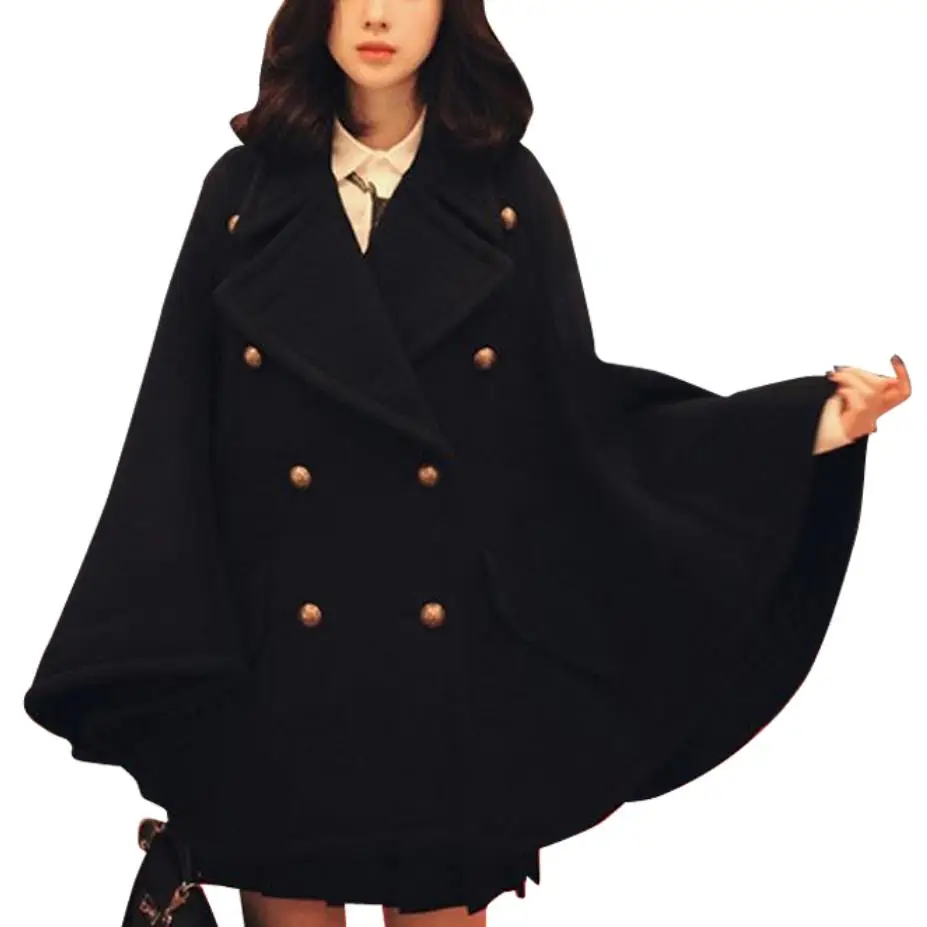 Женское зимнее двубортное шерстяное пальто с отложным воротником, черное Свободное пальто
