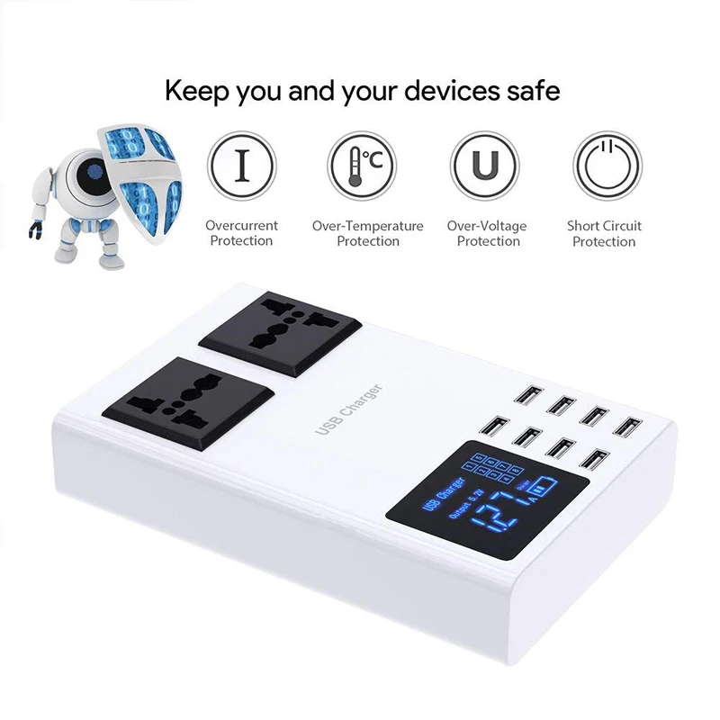 STOD 8 Port Smart USB Charger 40W LED Display Power Strip AC Outlet Surge Protect For iPhone iPad Samsung Huawei Mi Adapter